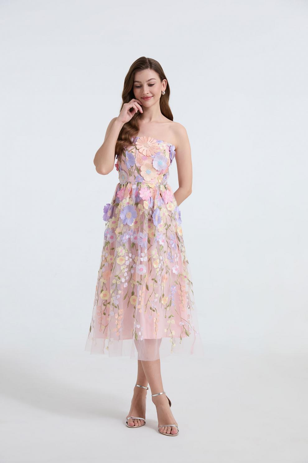 Petal Whisper Strapless Embroidered Dress - 912071976607_PINK