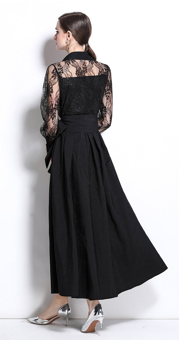 Black Lace Sleeve Belted Maxi Dress