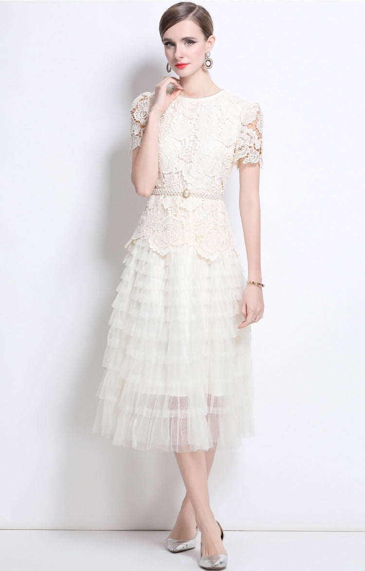 Vintage Bloom Lace & Tulle Midi Dress With Pearl Belt
