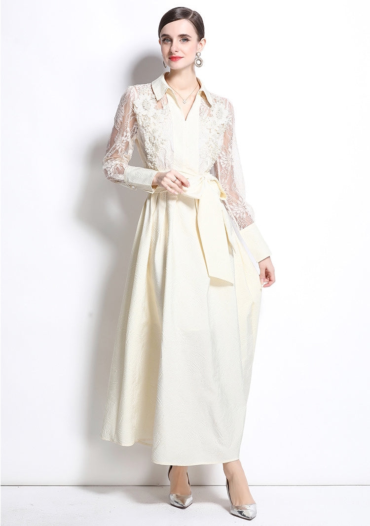 Elegant Lace Sleeve Belted Midi Dress