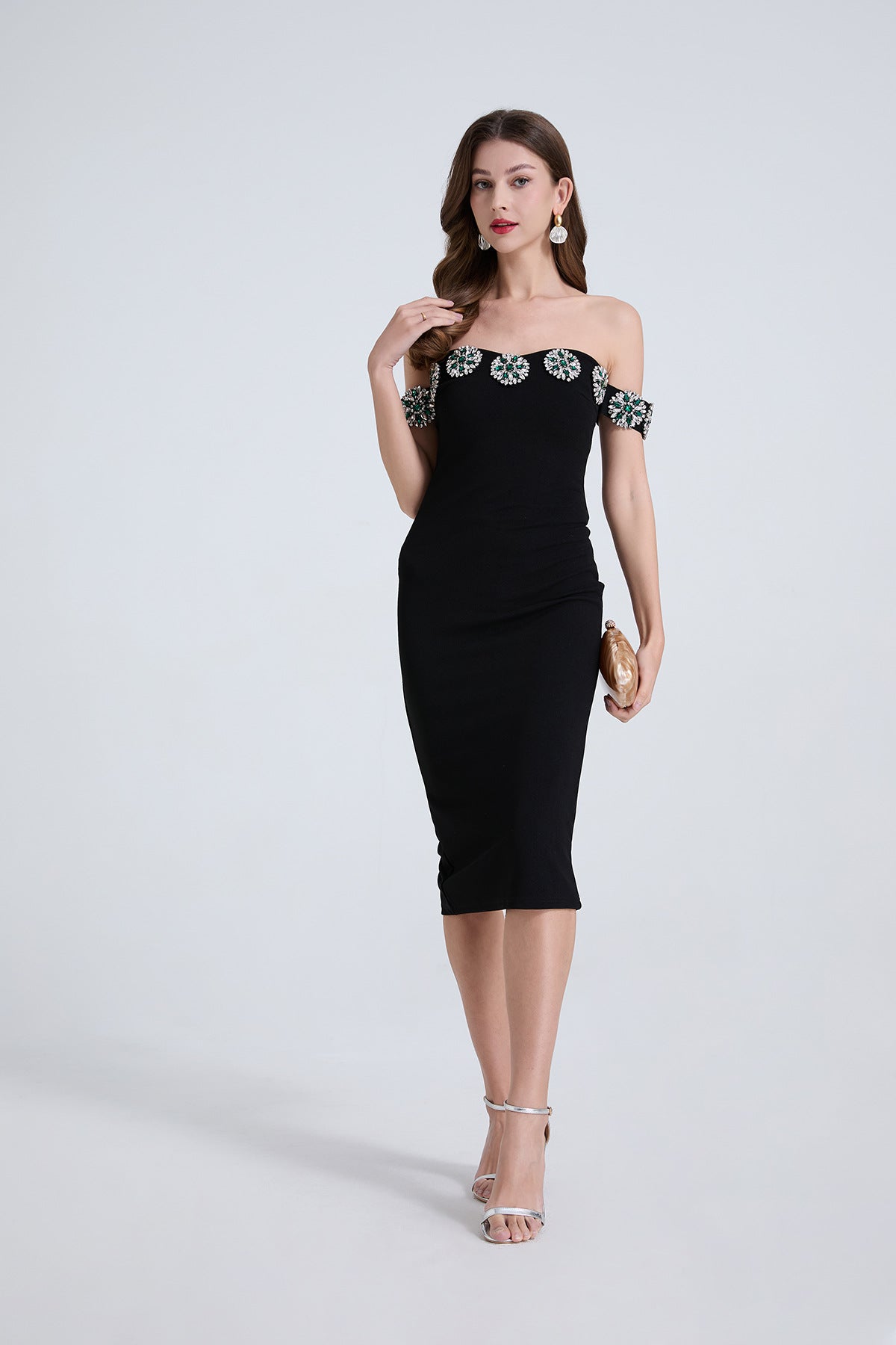 Off-Shoulder Embellished Midi Dress – Black