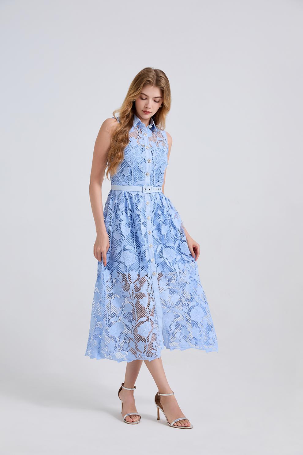 Sky Blossom Sleeveless Lace Midi Dress - 919430221311_BLUE