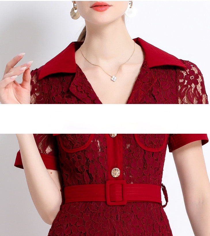 Burgundy Lace Military Midi Dress