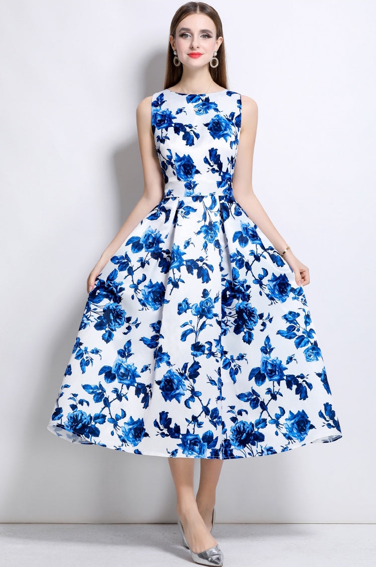 Sapphire Bloom Sleeveless Midi Dress