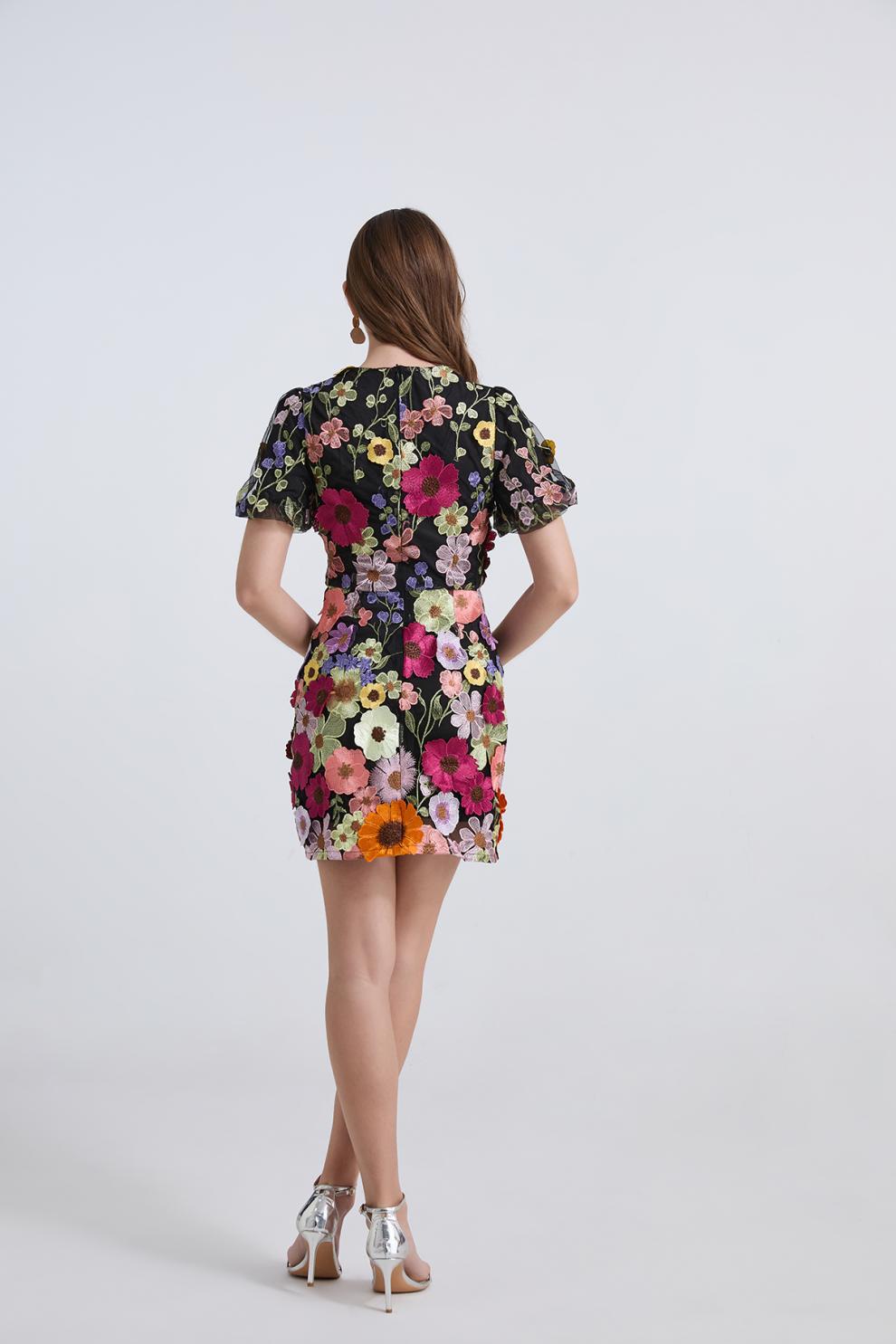 Embroidered Floral Mini Dress – Black