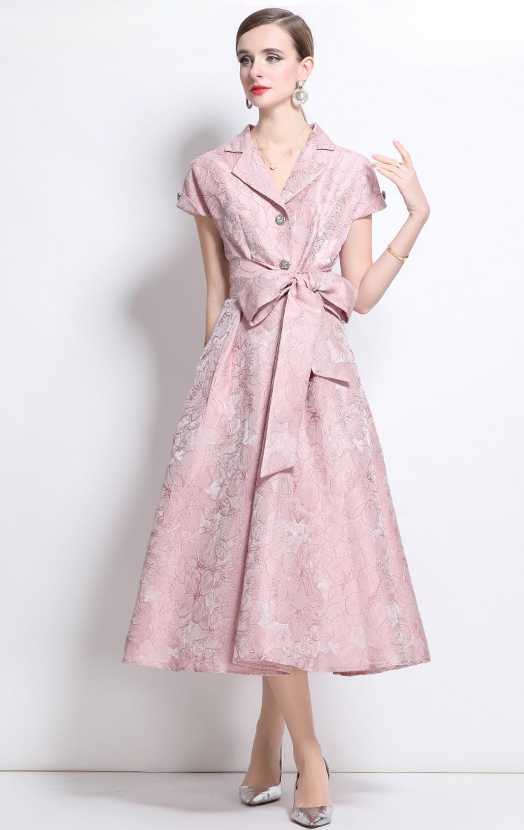 Elegant Rose Brocade Midi Dress - 913663767470_PINK