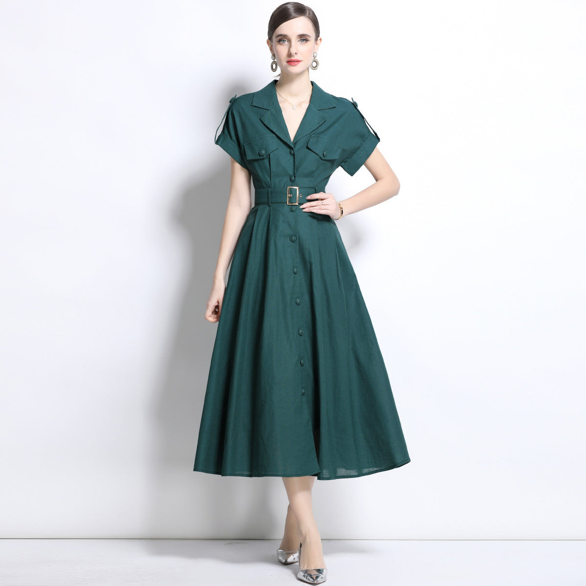 Emerald Green Military Midi Dress With Belt