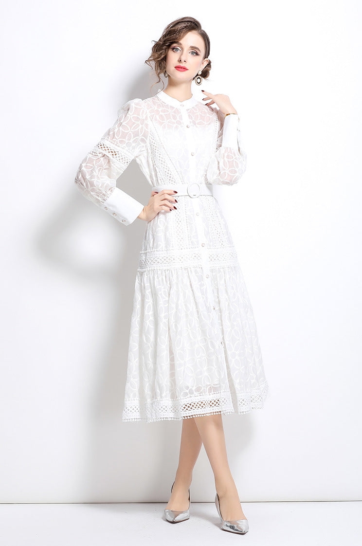 White Lace Belted Midi Dress