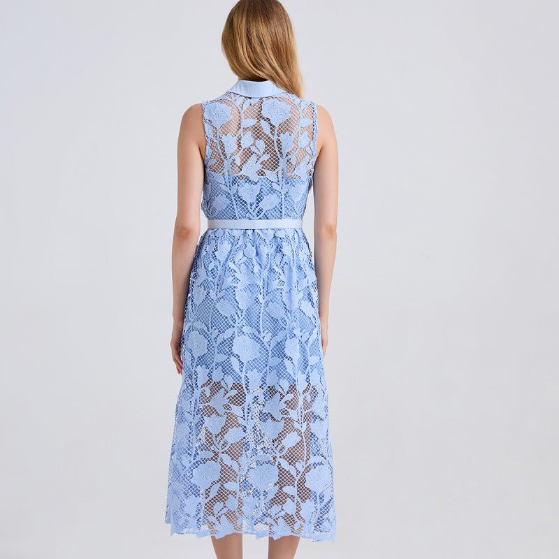Sky Blossom Sleeveless Lace Midi Dress - 919430221311_BLUE