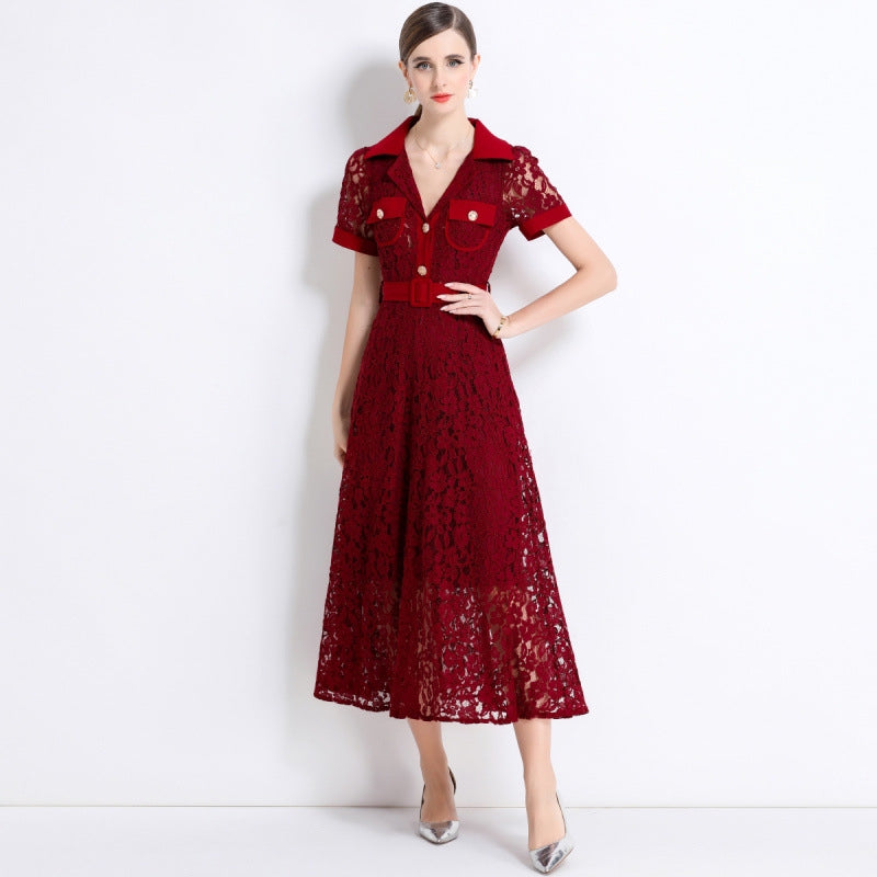 Burgundy Lace Military Midi Dress