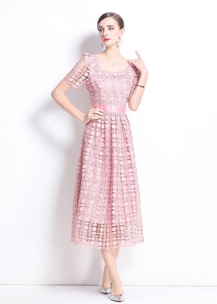 Elegant Pink Lace Midi Dress