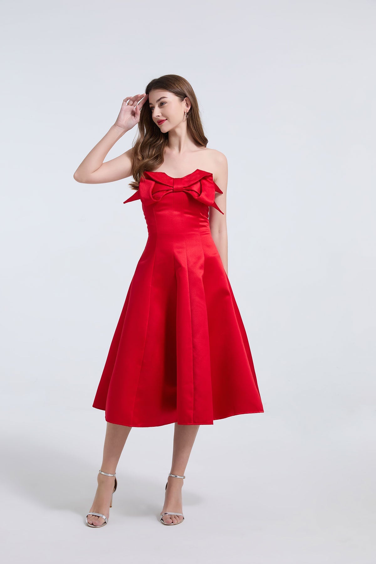 Strapless Bow Detail Satin Midi Dress - Red