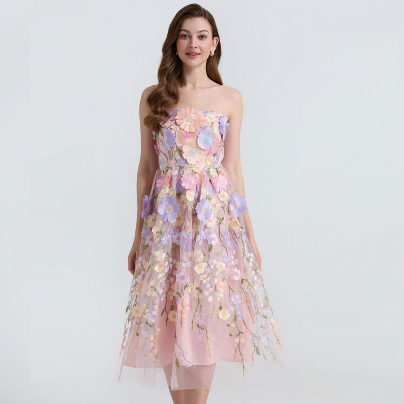 Petal Whisper Strapless Embroidered Dress - 912071976607_PINK