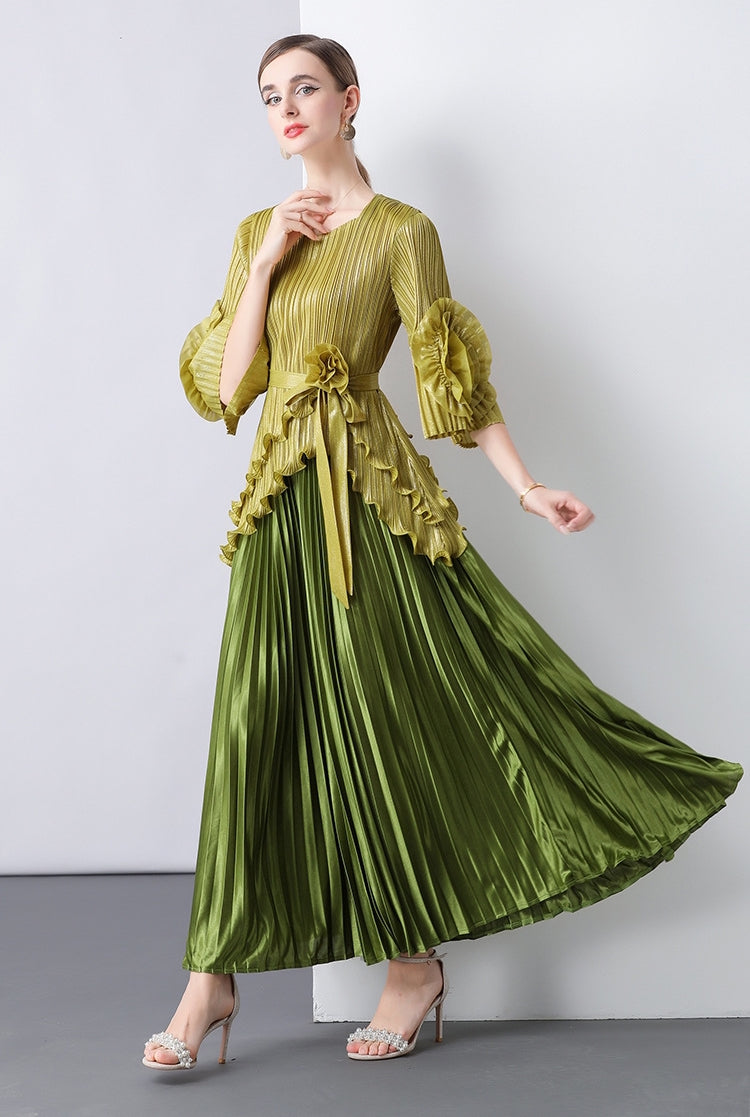 Olive Gold Pleated Peplum Maxi Dress