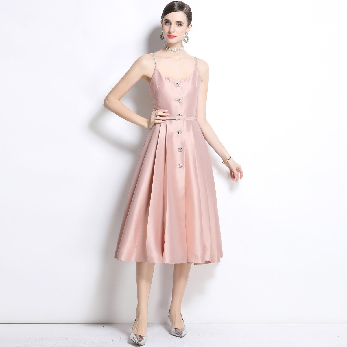 Blush Satin Crystal-Button Midi Dress