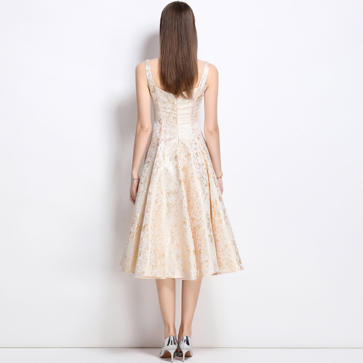 Elegant Gold Jacquard Midi Dress