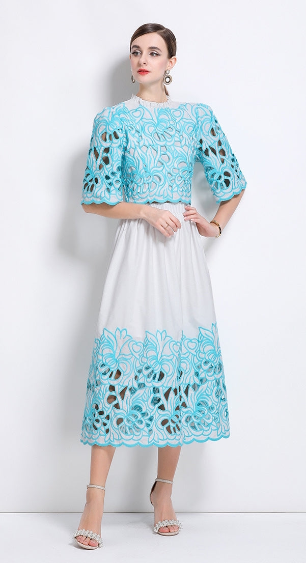 Turquoise Embroidered Lace Two Piece Dress