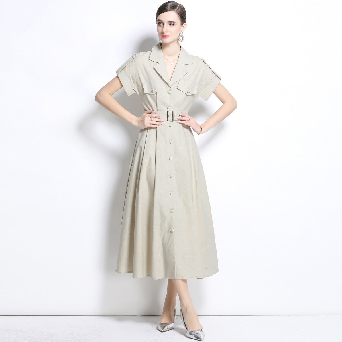 Beige Belted Military Midi Dress