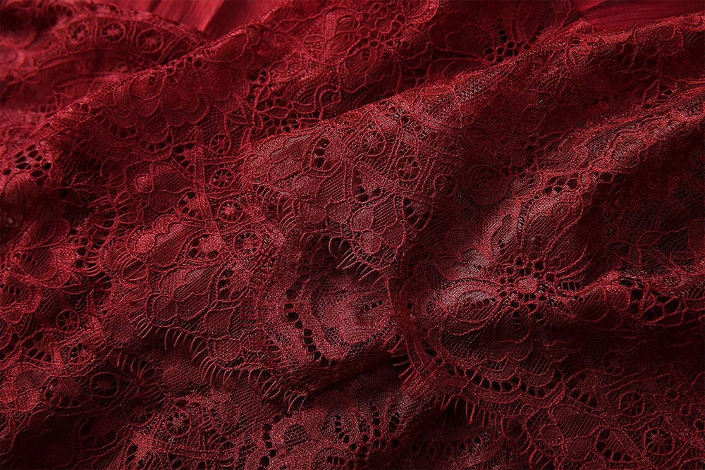 Elegant Wine Red Lace Maxi Dress
