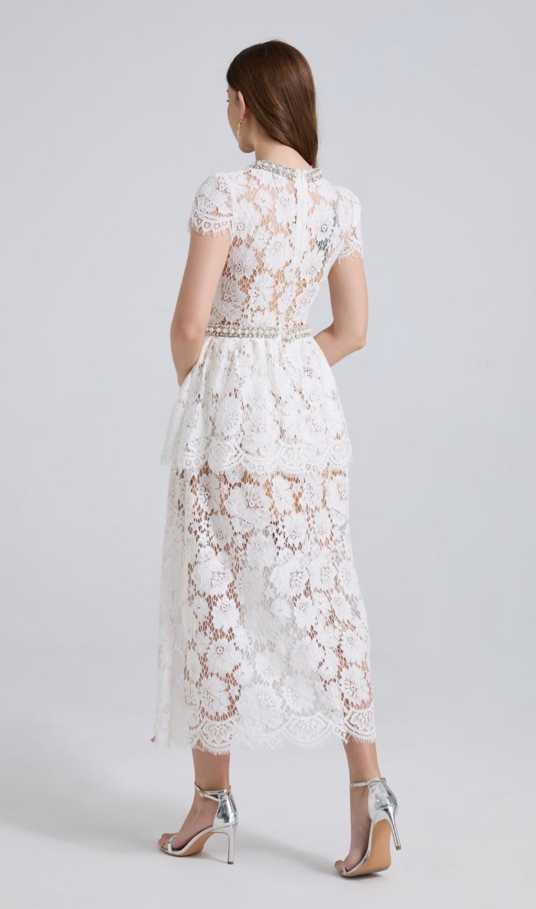Elegance Pearl Trimmed Lace Midi Dress