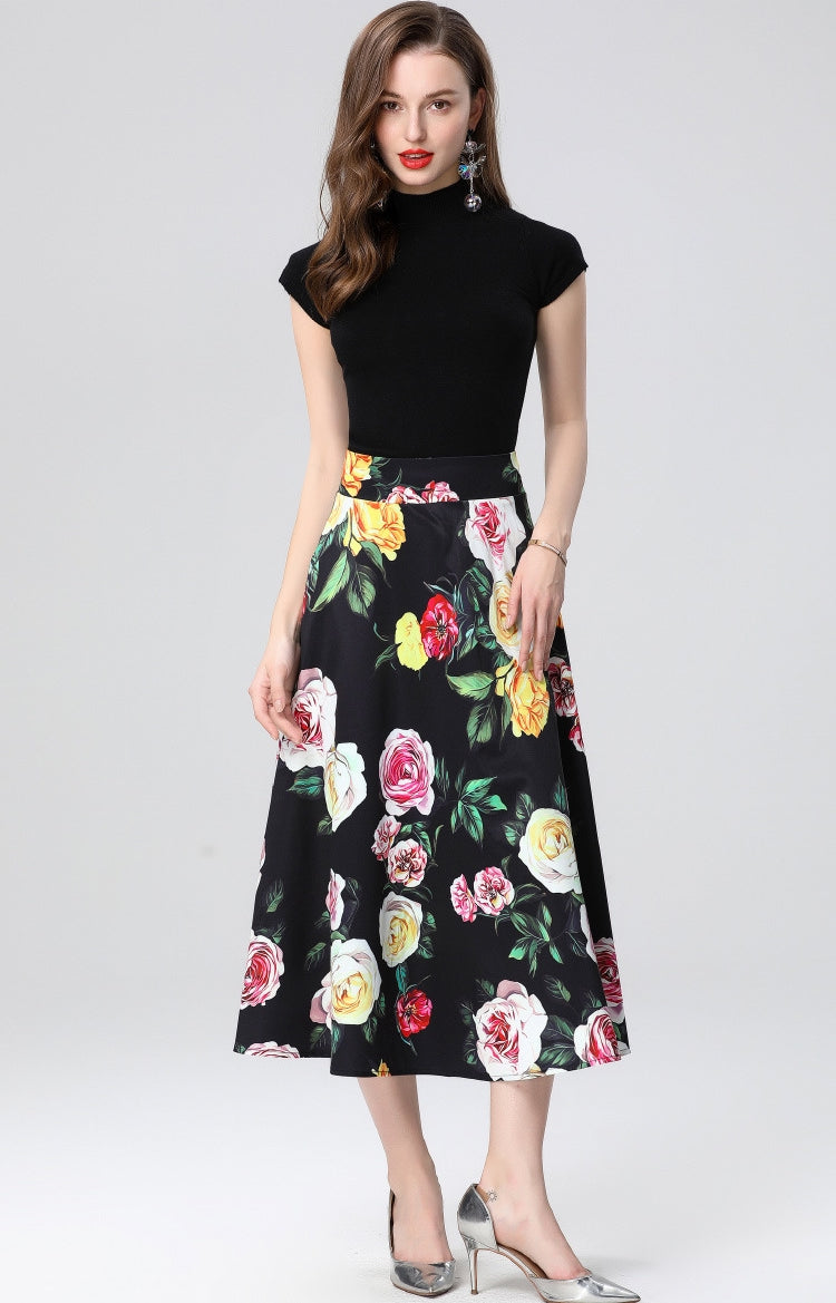 Elegant Rose Print Midi Skirt Two Piece Set