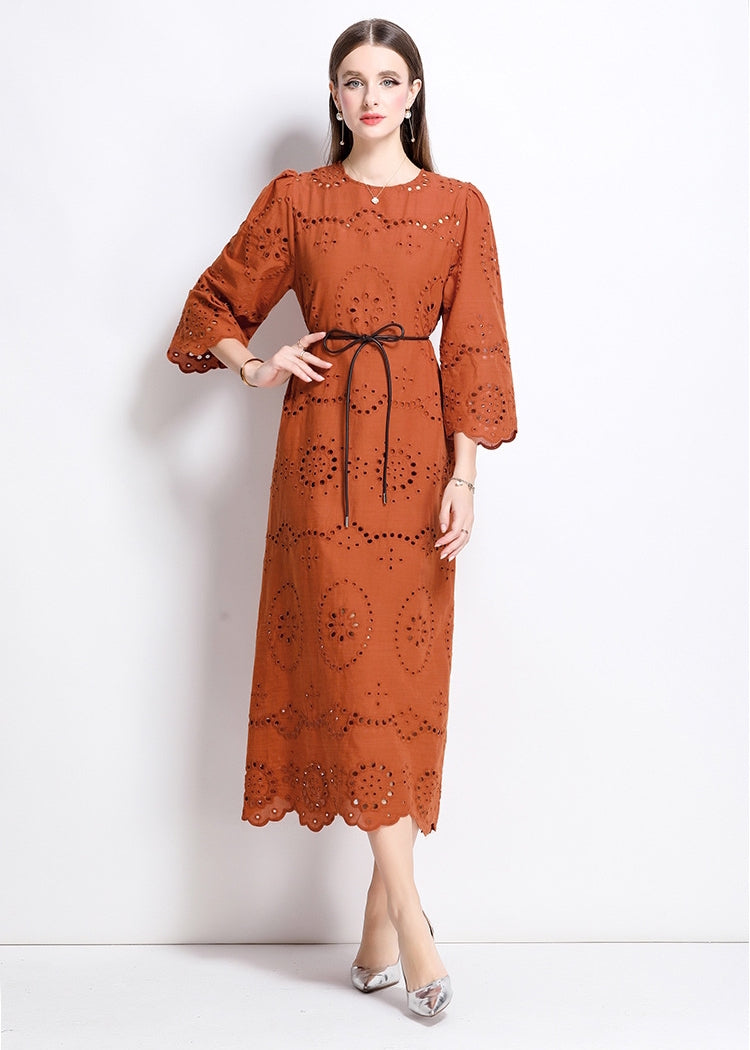 Terracotta Eyelet Midi Dress - 902368523846_BROWN