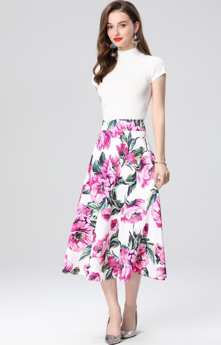 White Floral Midi Skirt Two Piece Set