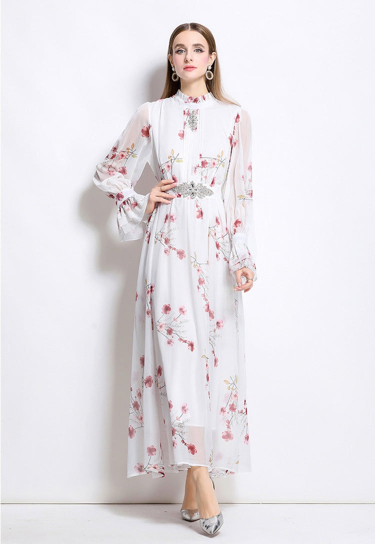 Cheery Red Flowy Floral Tiered Chiffon Gown With Belt