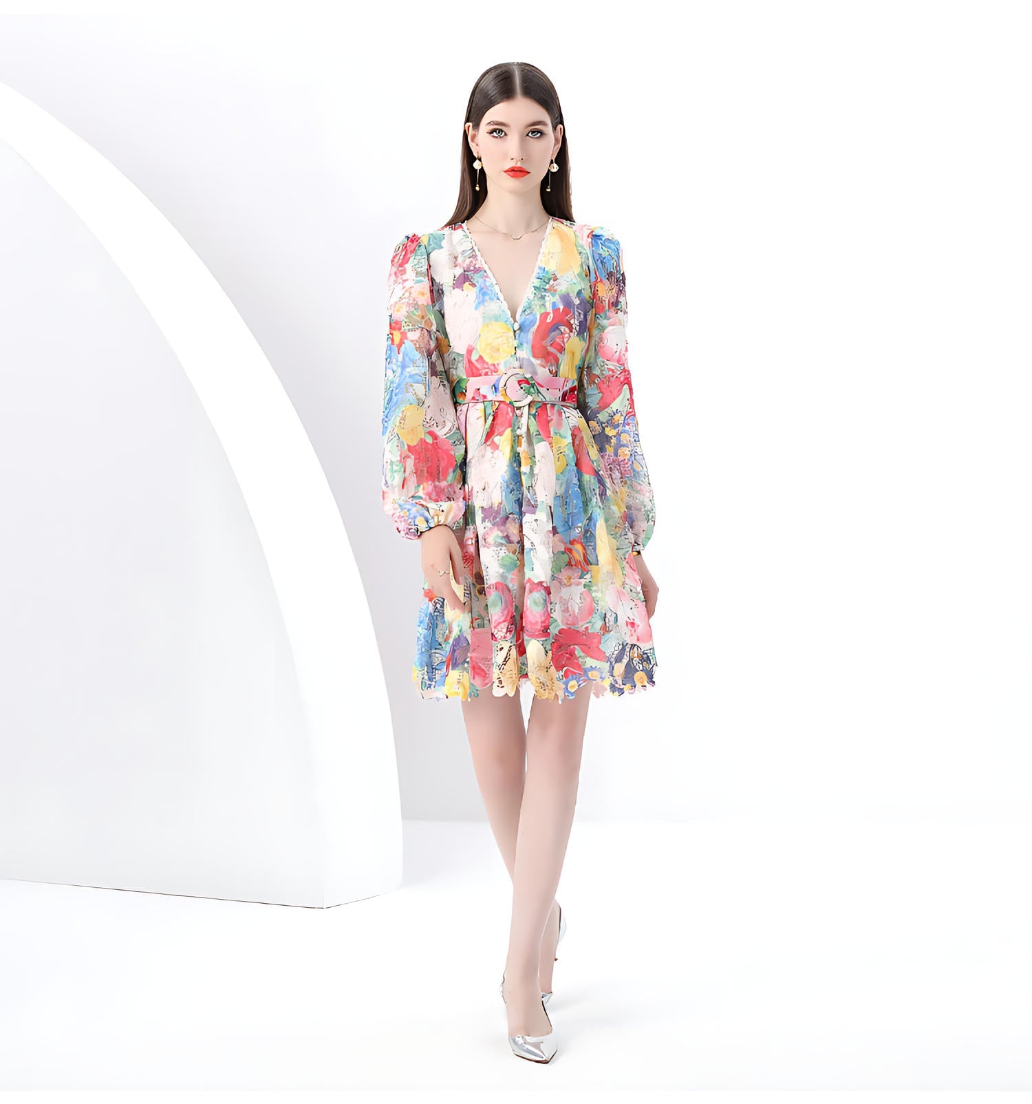 Floral V-Neck Belted Dress