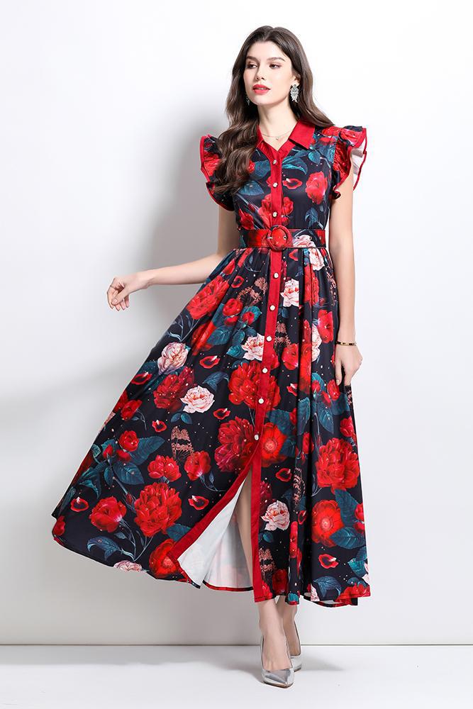 Vintage-Inspired Floral Maxi Shirt Dress with Ruffle Sleeves