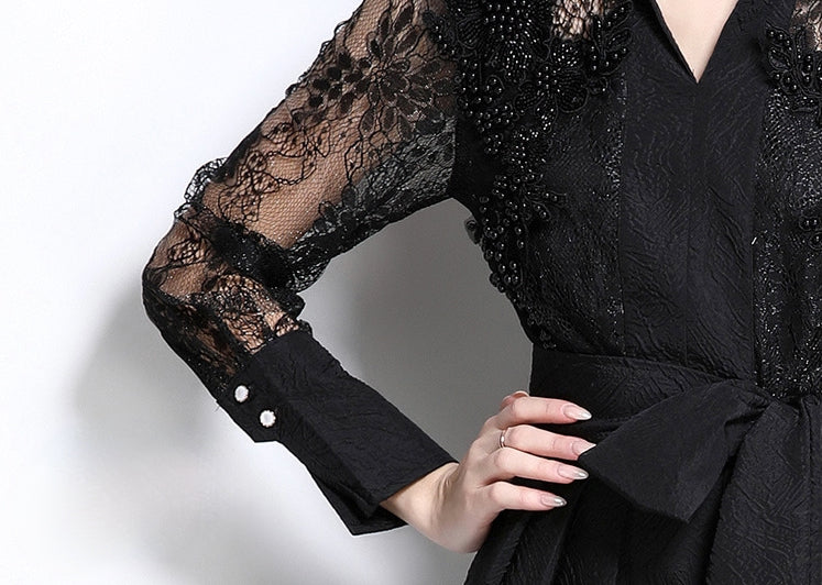 Black Lace Sleeve Belted Maxi Dress