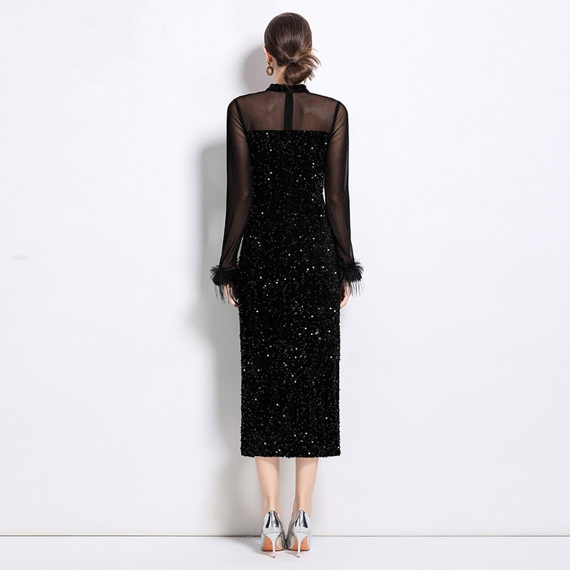 Black Sequin Velvet Dress With Feather Cuffs