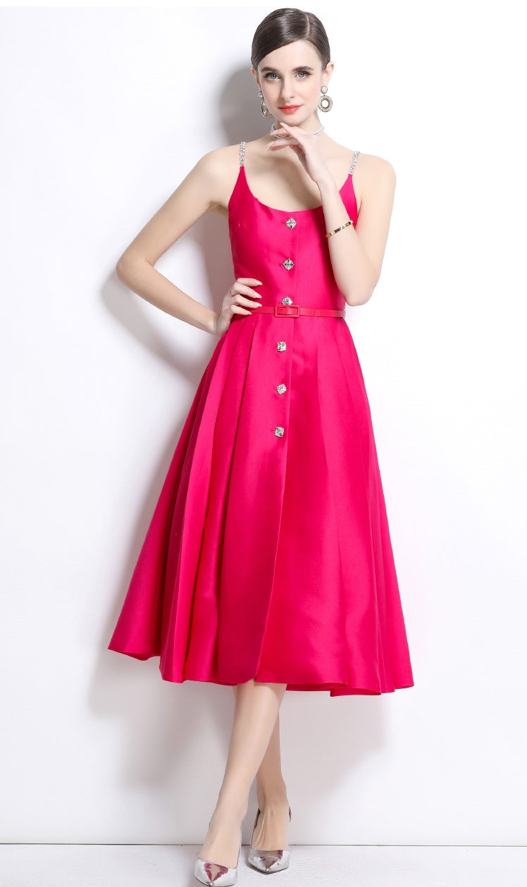Fuchsia Satin Crystal-Button Midi Dress