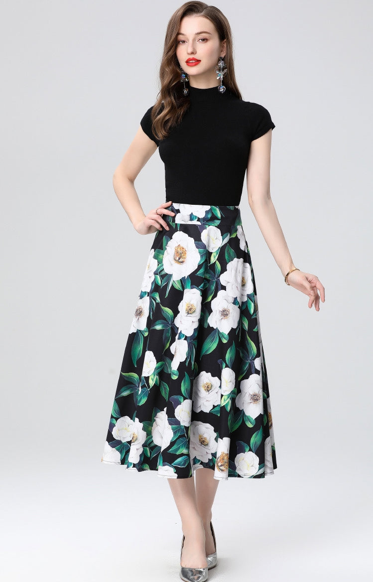 Elegant White Floral Midi Skirt Two Piece Set