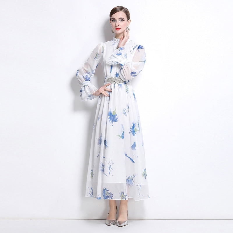 Blue Cherry Flowy Floral Tiered Chiffon Gown With Belt