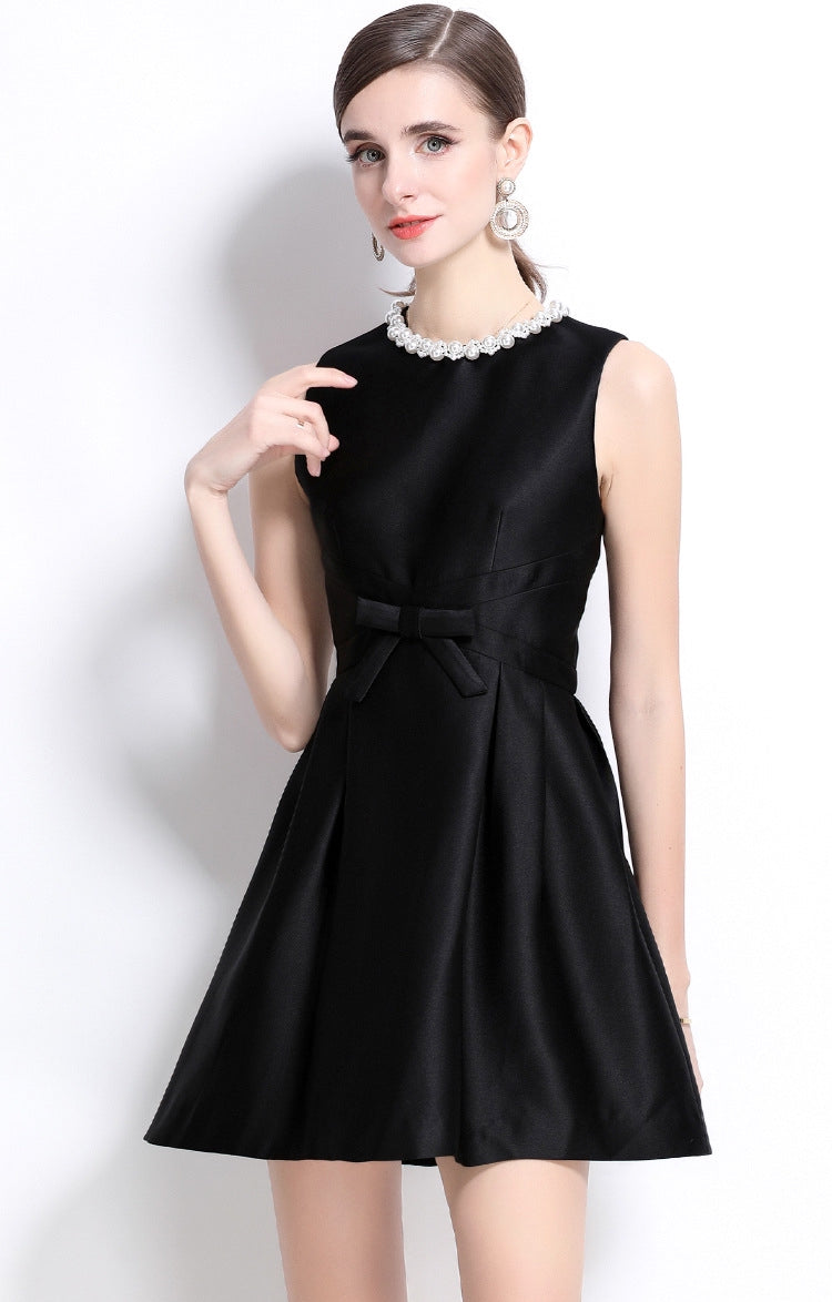 Elegant Pearl-Trimmed Black Mini Dress - 899034048641_BLACK
