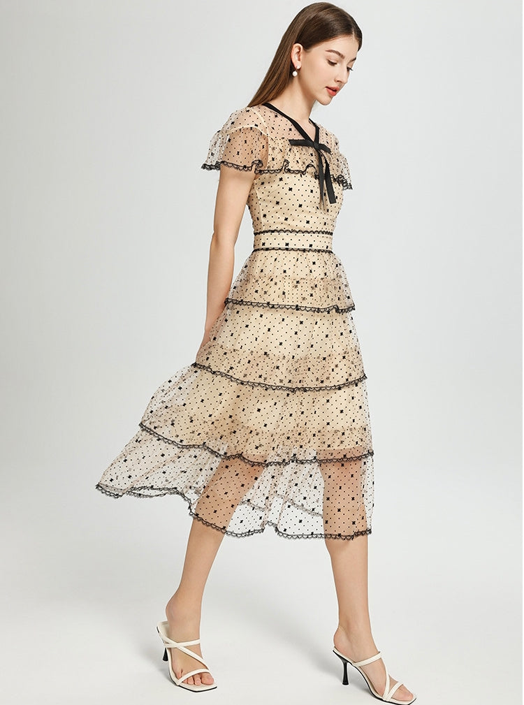 Midnight Dots Sheer Layered Midi Dress - 906831310848_APRICOT