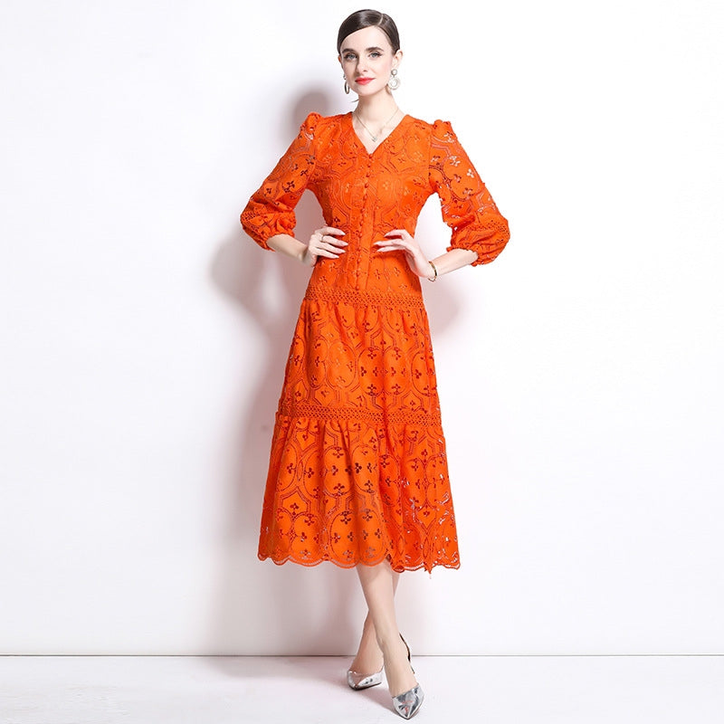 Bold Orange Embroidered Lace Dress