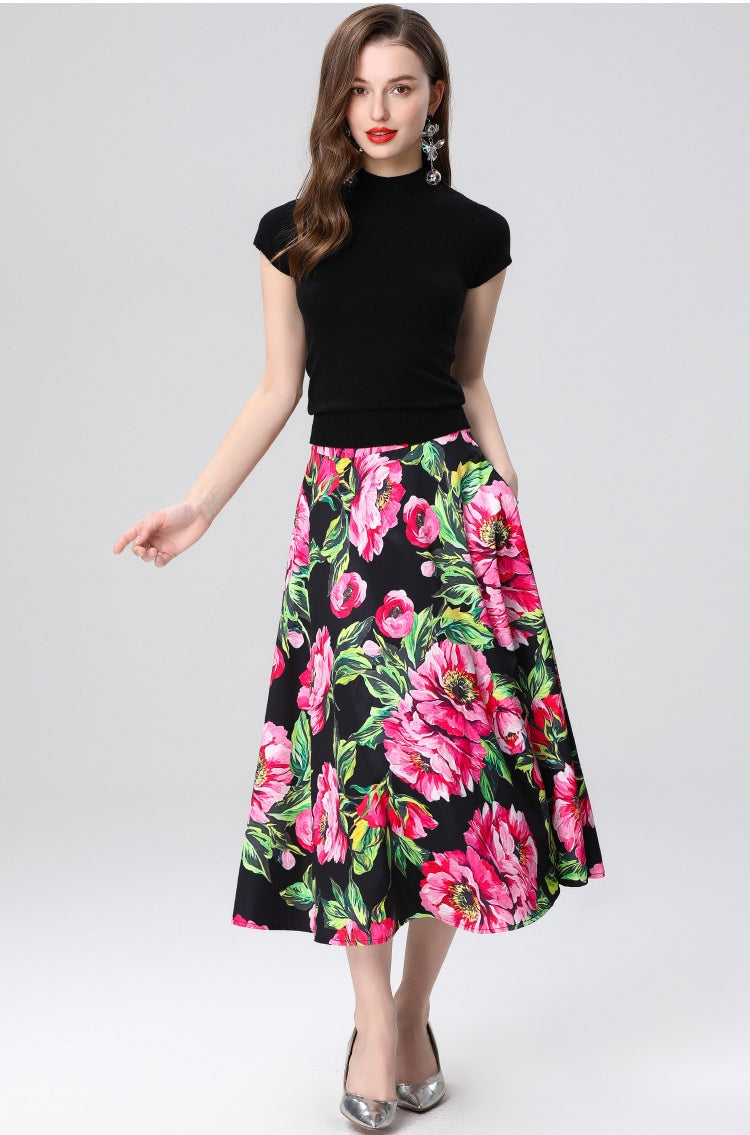 Floral High-Waist Midi Skirt Two Piece Set