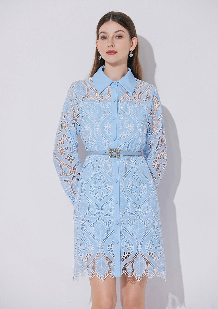 Celestial Eyelet Belted Shirt Dress - 901028103574_BLUE