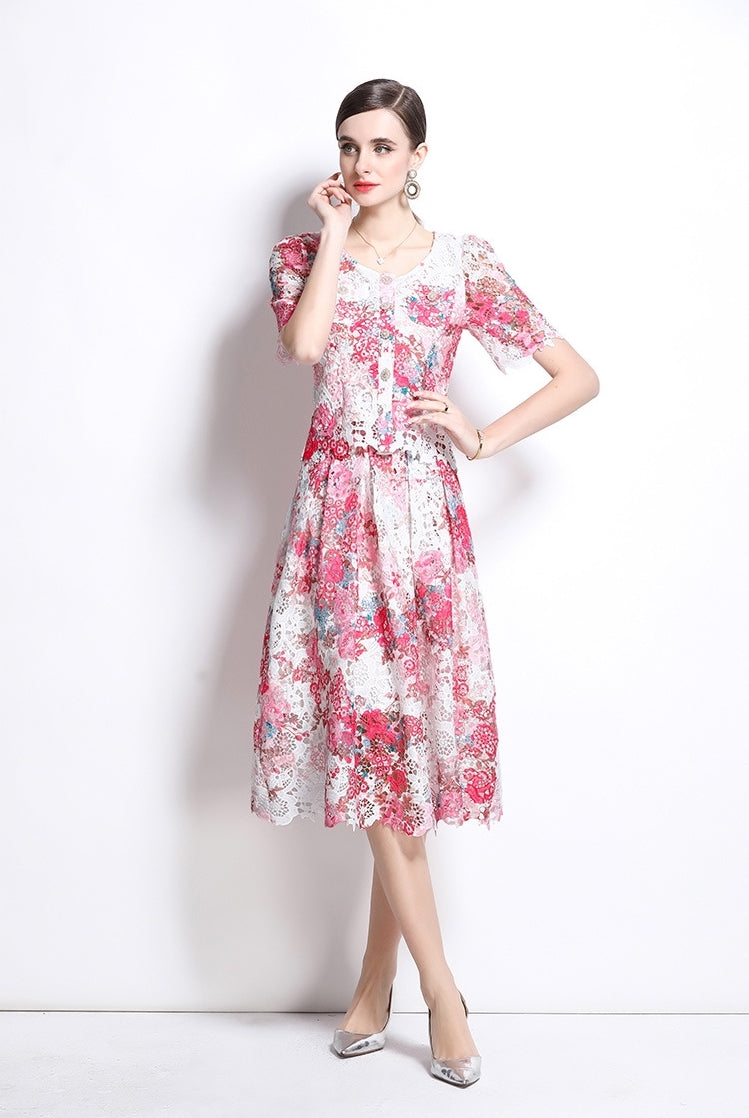 Floral Lace Patchwork Midi  Two Piece Dress