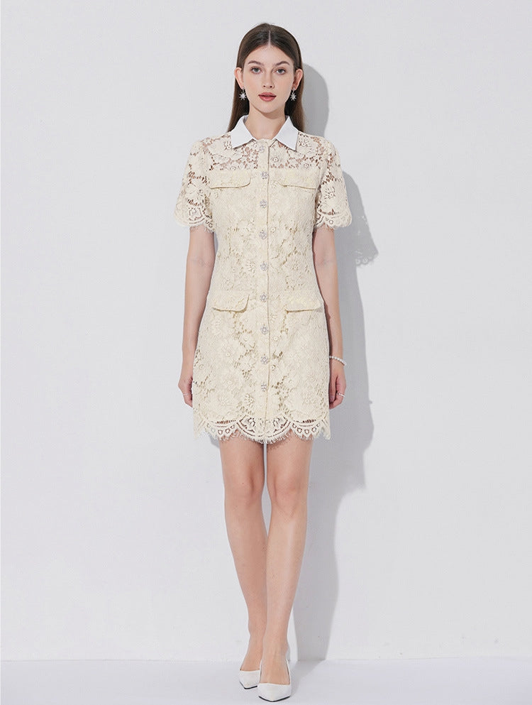 Vanilla Cream Collared Lace Utility Dress - 902176944234_APRICOT