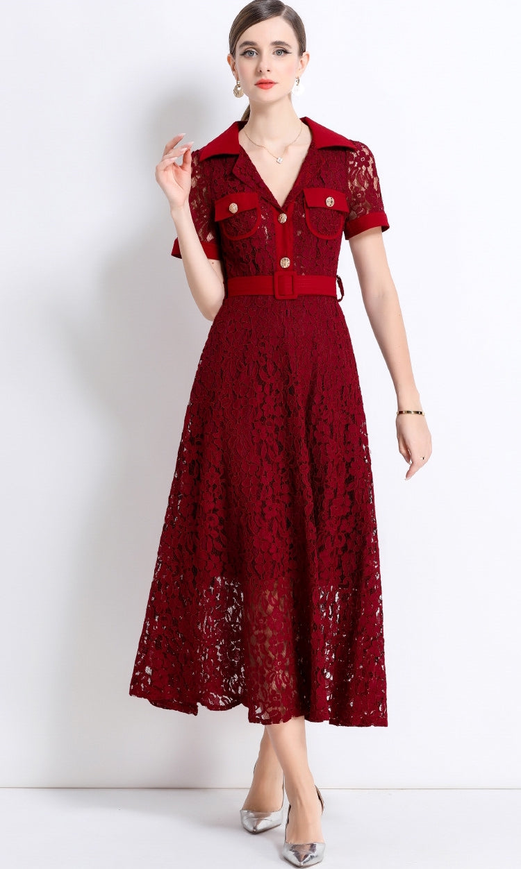 Burgundy Lace Military Midi Dress