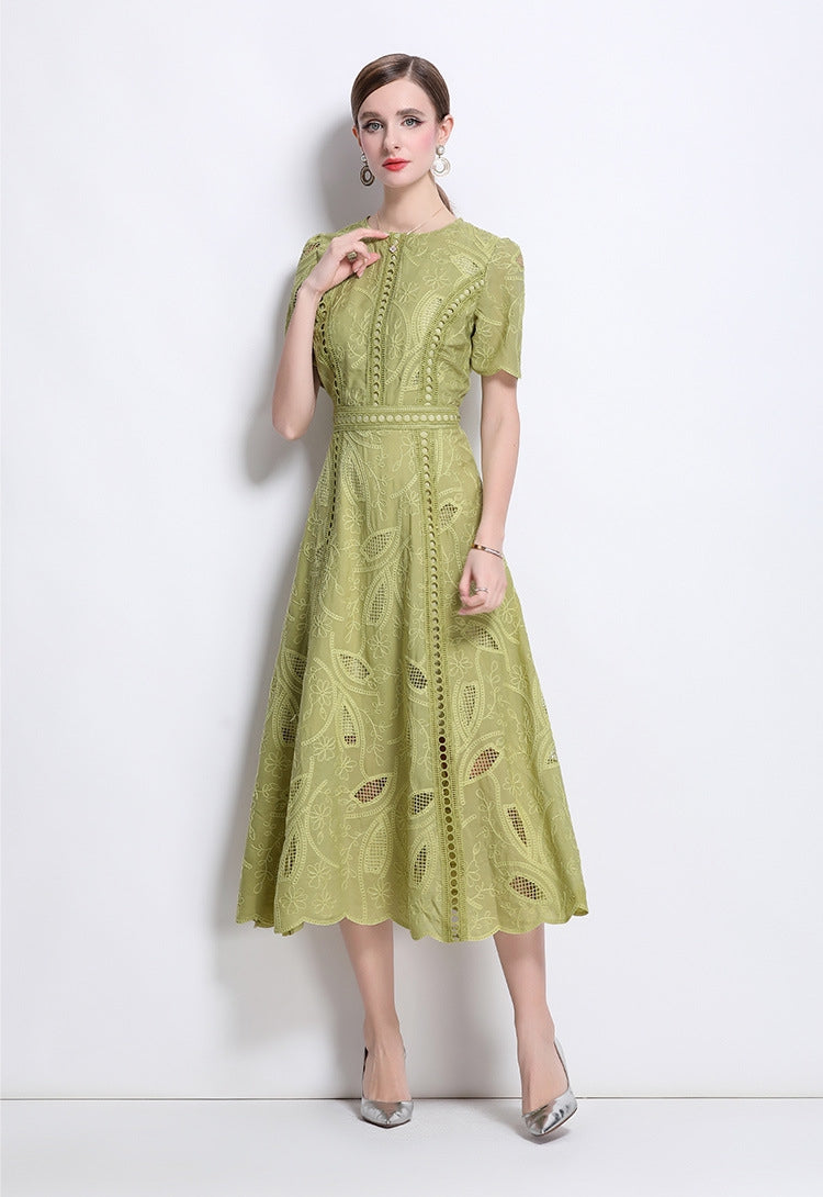 Olive Whisper Embroidered Midi Dress