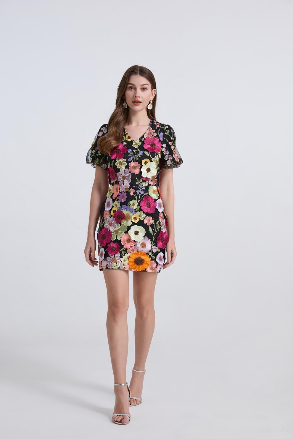 Embroidered Floral Mini Dress – Black