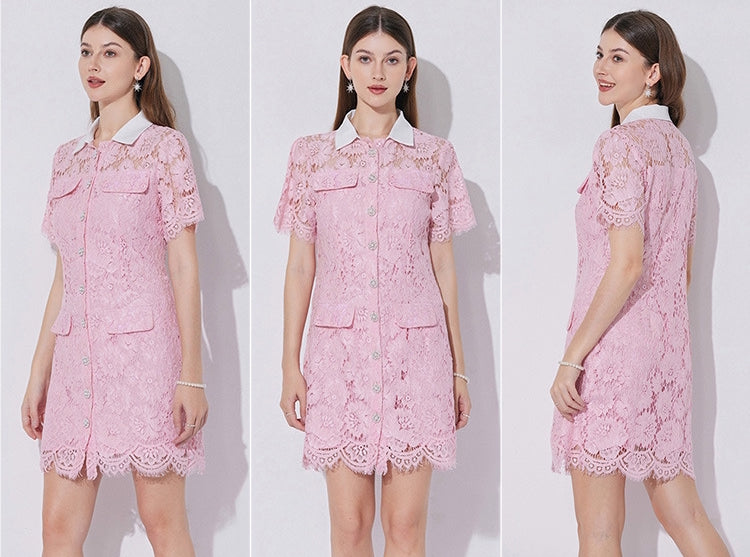 Rosette Charm Collared Lace Shirt Dress - 902173220374_PINK
