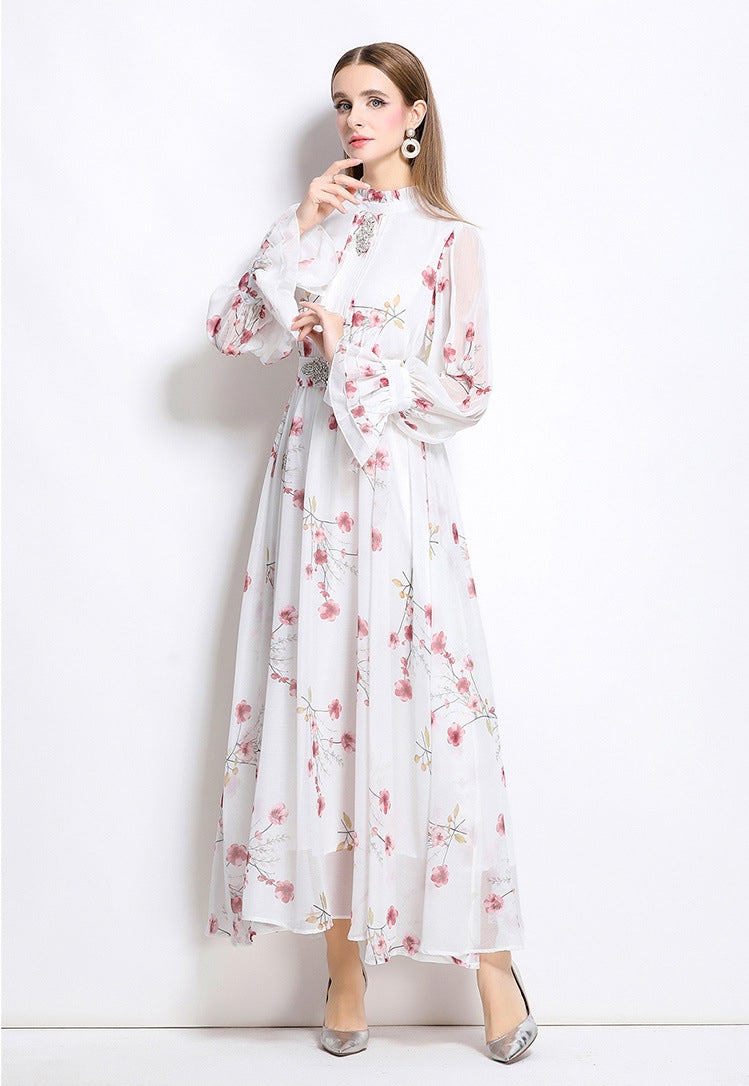 Cheery Red Flowy Floral Tiered Chiffon Gown With Belt