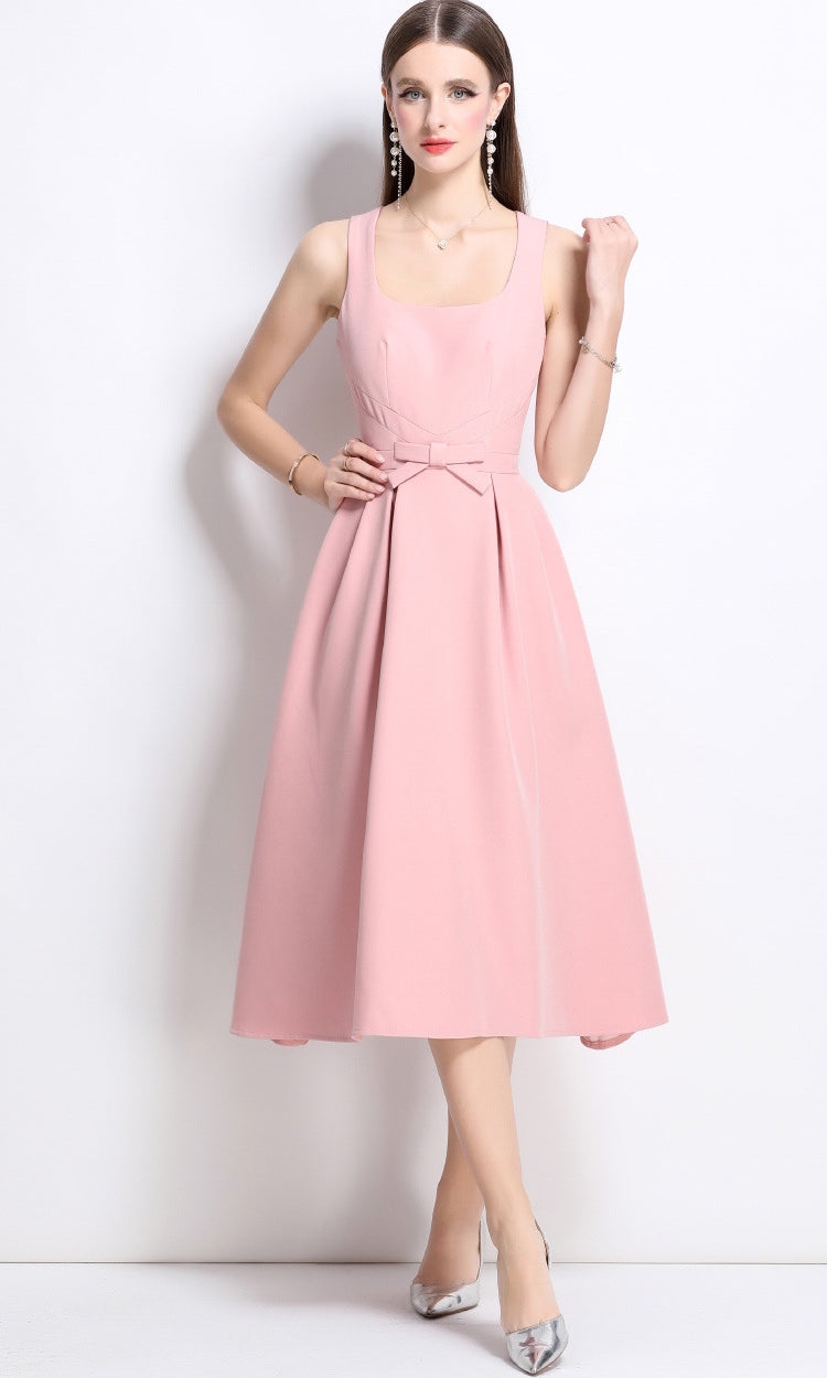 Elegant Rose Midi Bow Dress - 901083289296_PINK