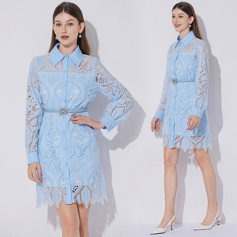 Celestial Eyelet Belted Shirt Dress - 901028103574_BLUE