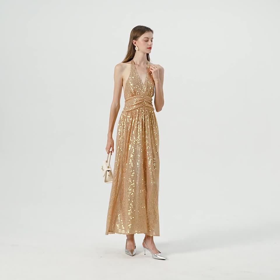 Gold Sequin Halter Maxi Dress